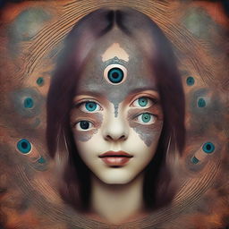 Create a portrait of a girl who has seven eyes on her face but no mouth