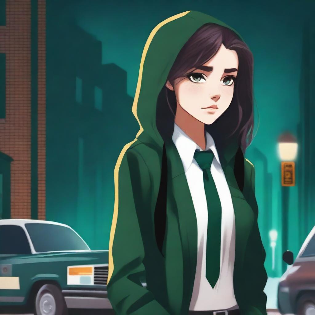 Create a book cover featuring the side view of a mysterious 18-year-old detective girl who is a college student