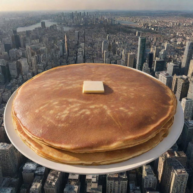 A gigantic golden-brown pancake, spanning over a picturesque city, its size compared to a banner displaying '10 trillion dollars'