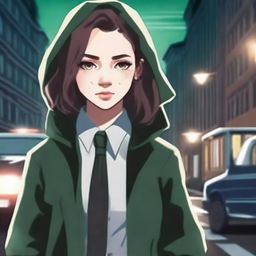 Create a book cover featuring the side view of a mysterious 18-year-old detective girl who is a college student