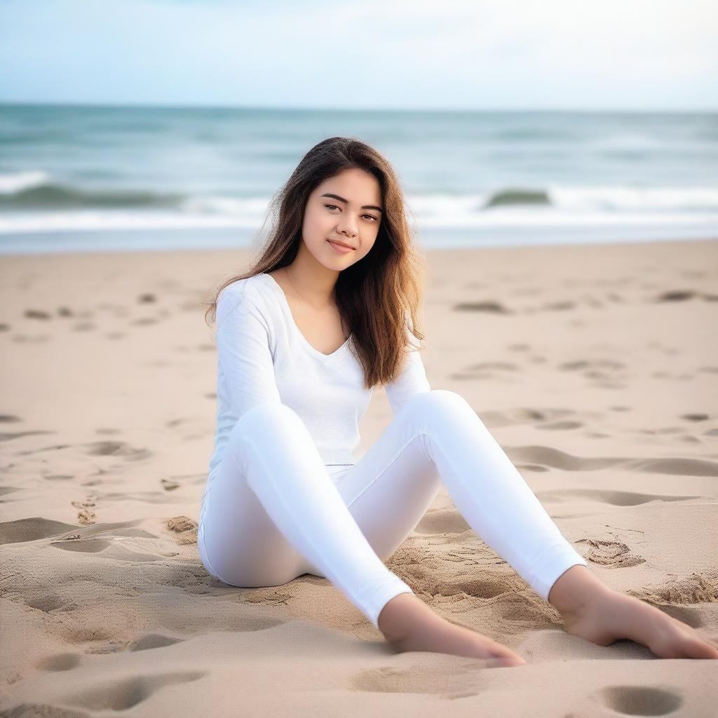 An 18-year-old girl wearing white leggings, sitting low on the beach with her legs apart