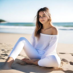 An 18-year-old girl wearing white leggings, sitting low on the beach with her legs apart