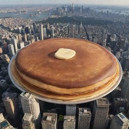 A gigantic golden-brown pancake, spanning over a picturesque city, its size compared to a banner displaying '10 trillion dollars'