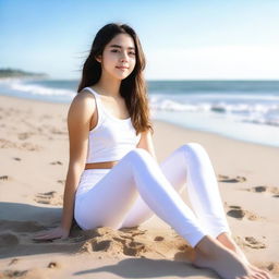 An 18-year-old girl wearing white leggings, sitting low on the beach with her legs apart