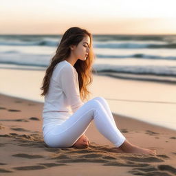 An 18-year-old girl wearing white leggings, sitting low on the beach with her legs apart