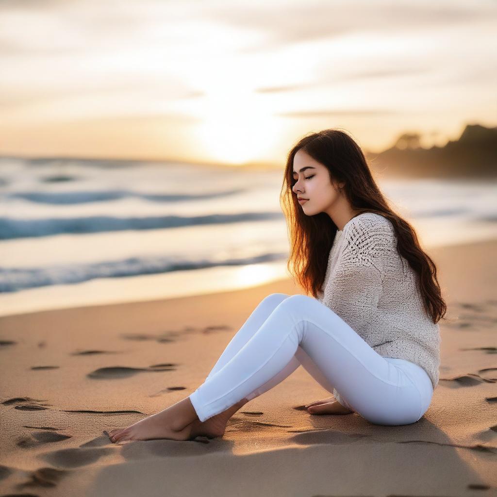 An 18-year-old girl wearing white leggings, sitting low on the beach with her legs apart