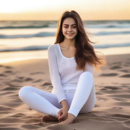 An 18-year-old girl wearing white leggings, sitting low on the beach with her legs apart