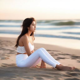 An 18-year-old girl wearing white leggings, sitting low on the beach with her legs apart