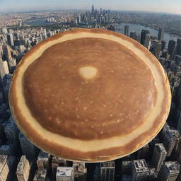 A gigantic golden-brown pancake, spanning over a picturesque city, its size compared to a banner displaying '10 trillion dollars'