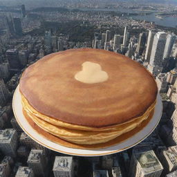 A gigantic golden-brown pancake, spanning over a picturesque city, its size compared to a banner displaying '10 trillion dollars'