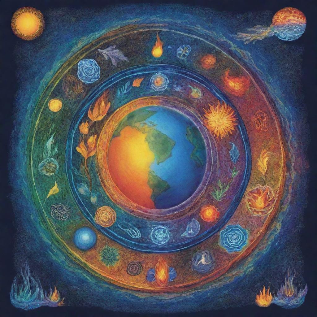 A vibrant, eye-catching poster for a consciousness festival, featuring the five elements: Earth, Fire, Air, Water, and Ether. Each element is represented by symbolizing designs and colors that promote mindfulness and connection.