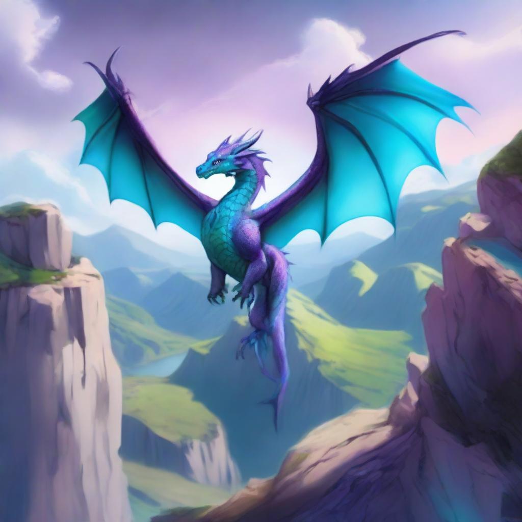 A dragon with a mix of cyan and purple colored scales stands on the edge of a cliff, looking down at the landscape below