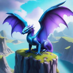 A dragon with a mix of cyan and purple colored scales stands on the edge of a cliff, looking down at the landscape below