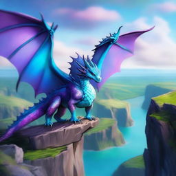 A dragon with a mix of cyan and purple colored scales stands on the edge of a cliff, looking down at the landscape below