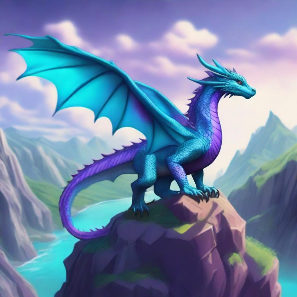 A dragon with a mix of cyan and purple colored scales stands on the edge of a cliff, looking down at the landscape below