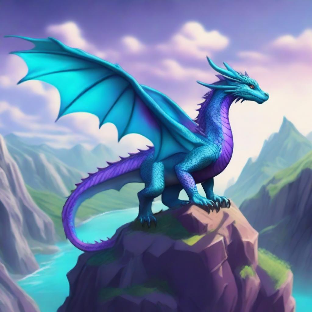 A dragon with a mix of cyan and purple colored scales stands on the edge of a cliff, looking down at the landscape below