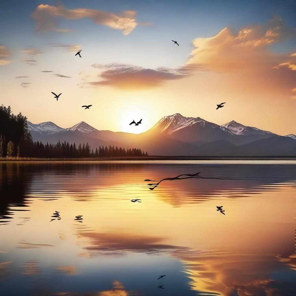 A beautiful and serene landscape featuring a sunset over a calm lake, with mountains in the background and a few birds flying in the sky