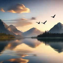 A beautiful and serene landscape featuring a sunset over a calm lake, with mountains in the background and a few birds flying in the sky