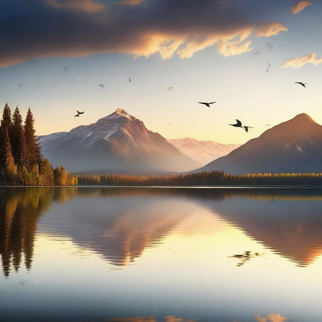 A beautiful and serene landscape featuring a sunset over a calm lake, with mountains in the background and a few birds flying in the sky