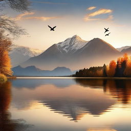 A beautiful and serene landscape featuring a sunset over a calm lake, with mountains in the background and a few birds flying in the sky