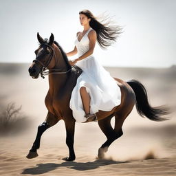 A high-quality photo of a woman riding a horse