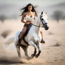 A high-quality photo of a woman riding a horse