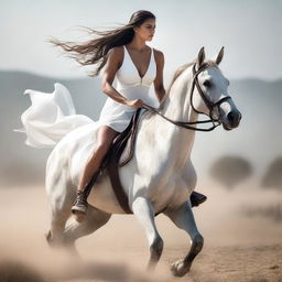 A high-quality photo of a woman riding a horse