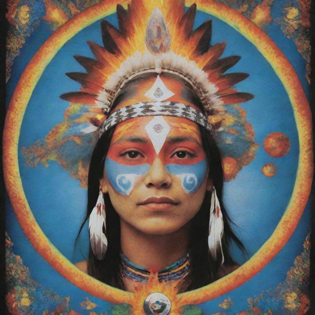 Revisit the consciousness festival poster, adding an overlay of an indigenous face, which respects and honors the culture. The five elements: Earth, Fire, Air, Water, and Ether, continue to be symbolically and colorfully represented.