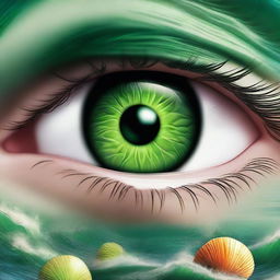 A realistic image of a green eye with an ocean shell in the eyeball