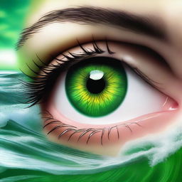 A realistic image of a green eye with an ocean shell in the eyeball