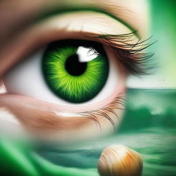 A realistic image of a green eye with an ocean shell in the eyeball