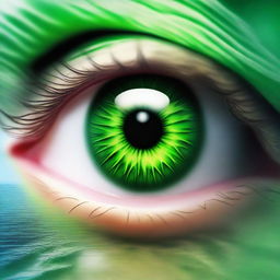 A realistic image of a green eye with an ocean shell in the eyeball