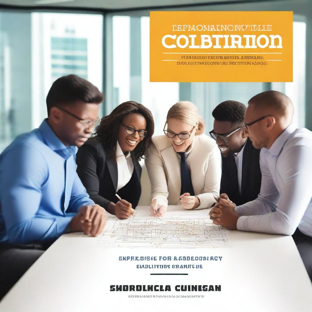 A book cover design featuring a group of diverse professionals collaborating around a table, with a backdrop of a modern office setting