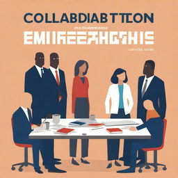 A book cover design featuring a group of diverse professionals collaborating around a table, with a backdrop of a modern office setting