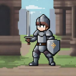 A pixel art illustration of a young boy dressed as a knight, complete with armor, a helmet, and a sword