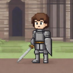 A pixel art illustration of a young boy dressed as a knight, complete with armor, a helmet, and a sword