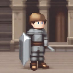 A pixel art illustration of a young boy dressed as a knight, complete with armor, a helmet, and a sword