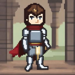 A pixel art illustration of a young boy dressed as a knight, complete with armor, a helmet, and a sword