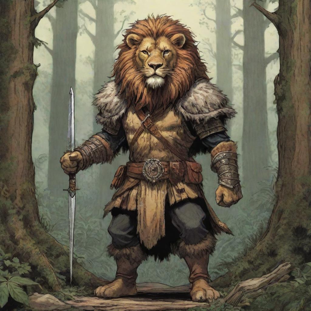 A comic-style rustic illustration of a Dungeons & Dragons lion warrior clad in animal fur and hides, standing in front of a dense forest.