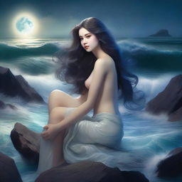 A mesmerizing siren with flowing hair, sitting on a rock by the ocean