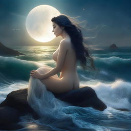 A mesmerizing siren with flowing hair, sitting on a rock by the ocean