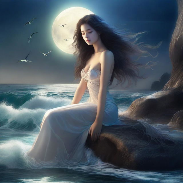 A mesmerizing siren with flowing hair, sitting on a rock by the ocean