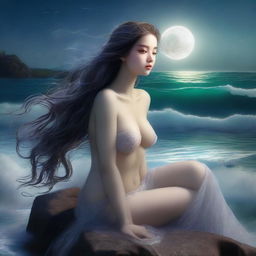 A mesmerizing siren with flowing hair, sitting on a rock by the ocean