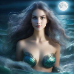 A captivating siren mermaid with flowing hair, emerging from the ocean