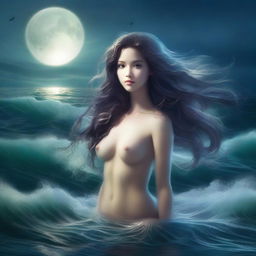 A captivating siren mermaid with flowing hair, emerging from the ocean