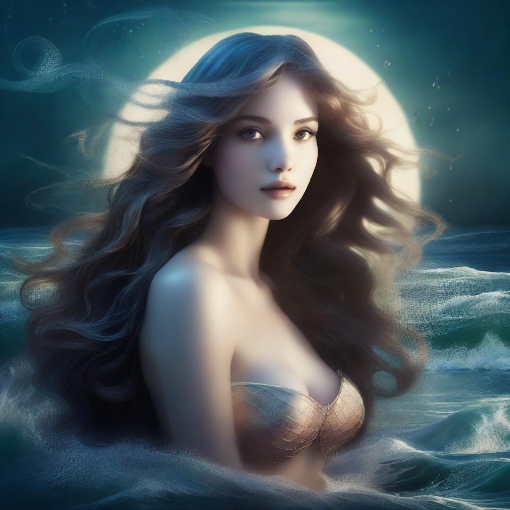 A captivating siren mermaid with flowing hair, emerging from the ocean