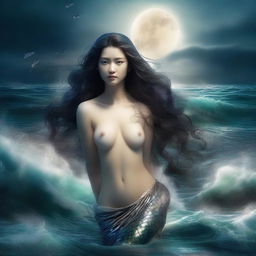 A captivating siren mermaid with flowing hair, emerging from the ocean