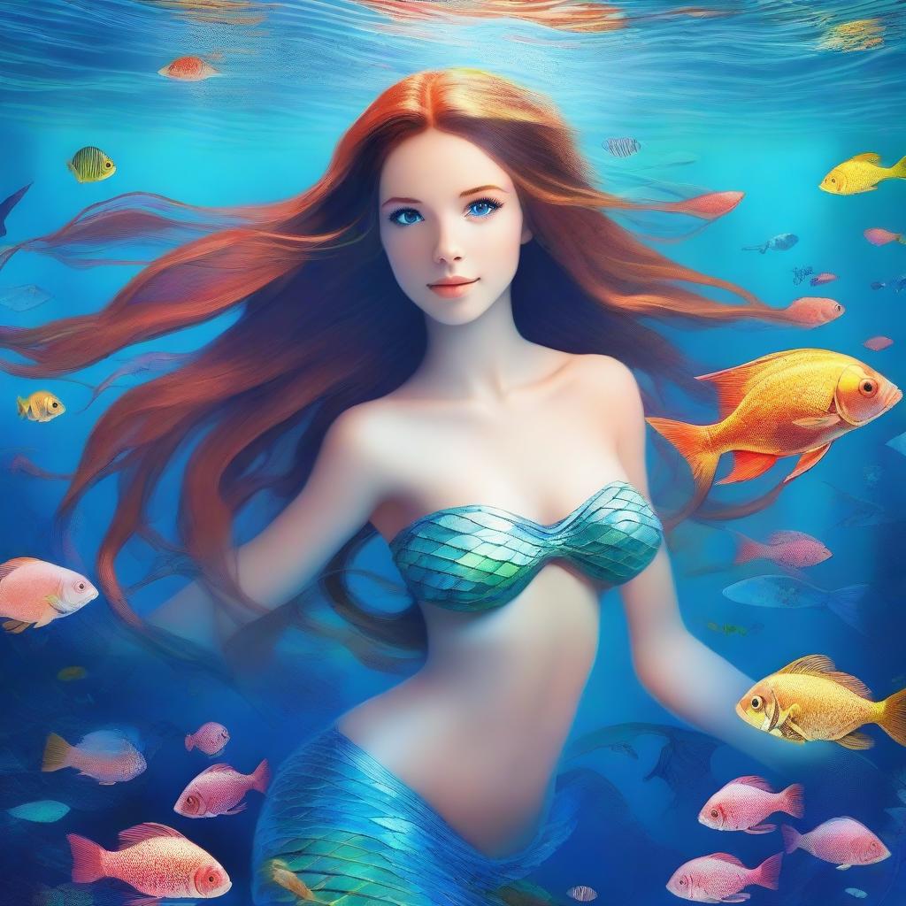 A beautiful mermaid with flowing hair and striking blue eyes, swimming gracefully underwater