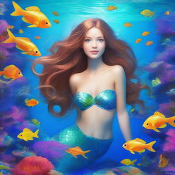 A beautiful mermaid with flowing hair and striking blue eyes, swimming gracefully underwater