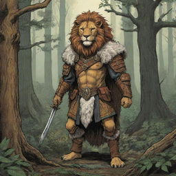 A comic-style rustic illustration of a Dungeons & Dragons lion warrior clad in animal fur and hides, standing in front of a dense forest.